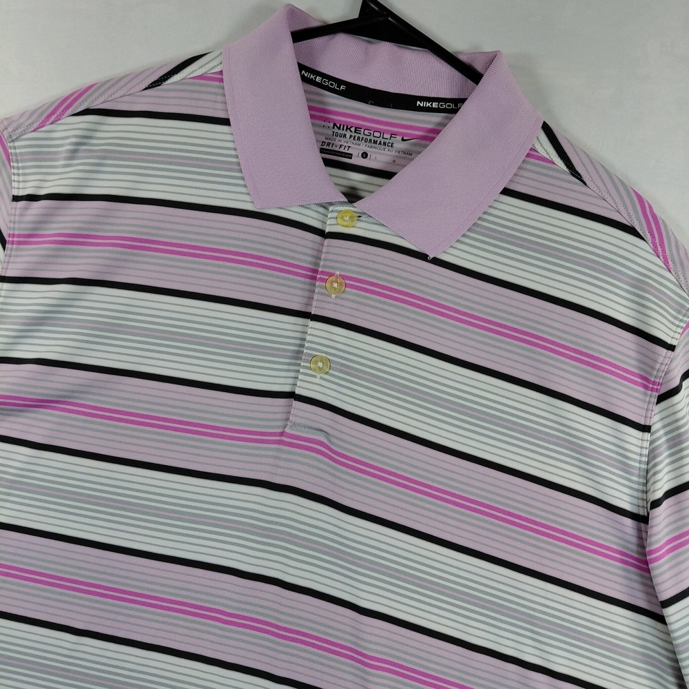 Nike Golf Tour Performance Dri-Fit Polo Shirt Mens Large Pink Striped Short Slv